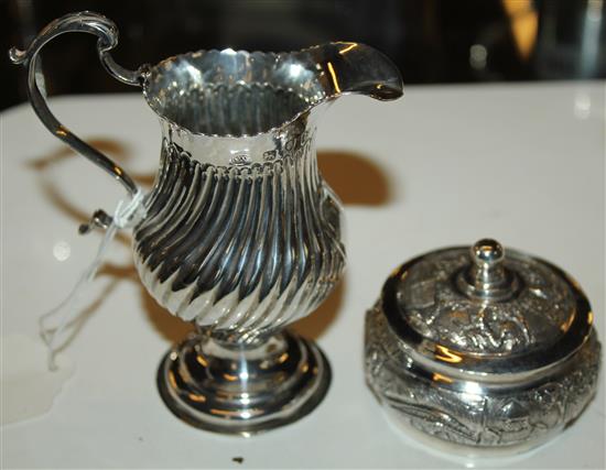 18th century silver cream jug and an Indian box